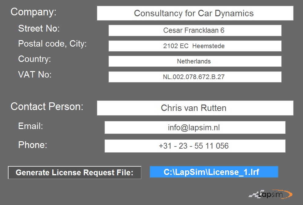 Screenshot of LapSim input GUI for generating a license request file